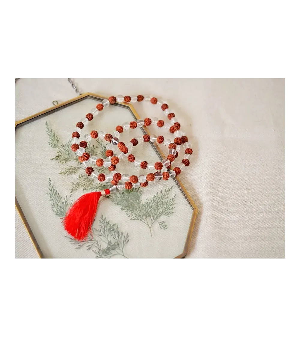 Mala rudraksha et cristal de roche