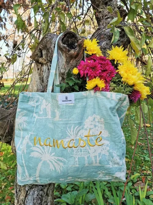 Large linen tote bag with Namasté embroidery.