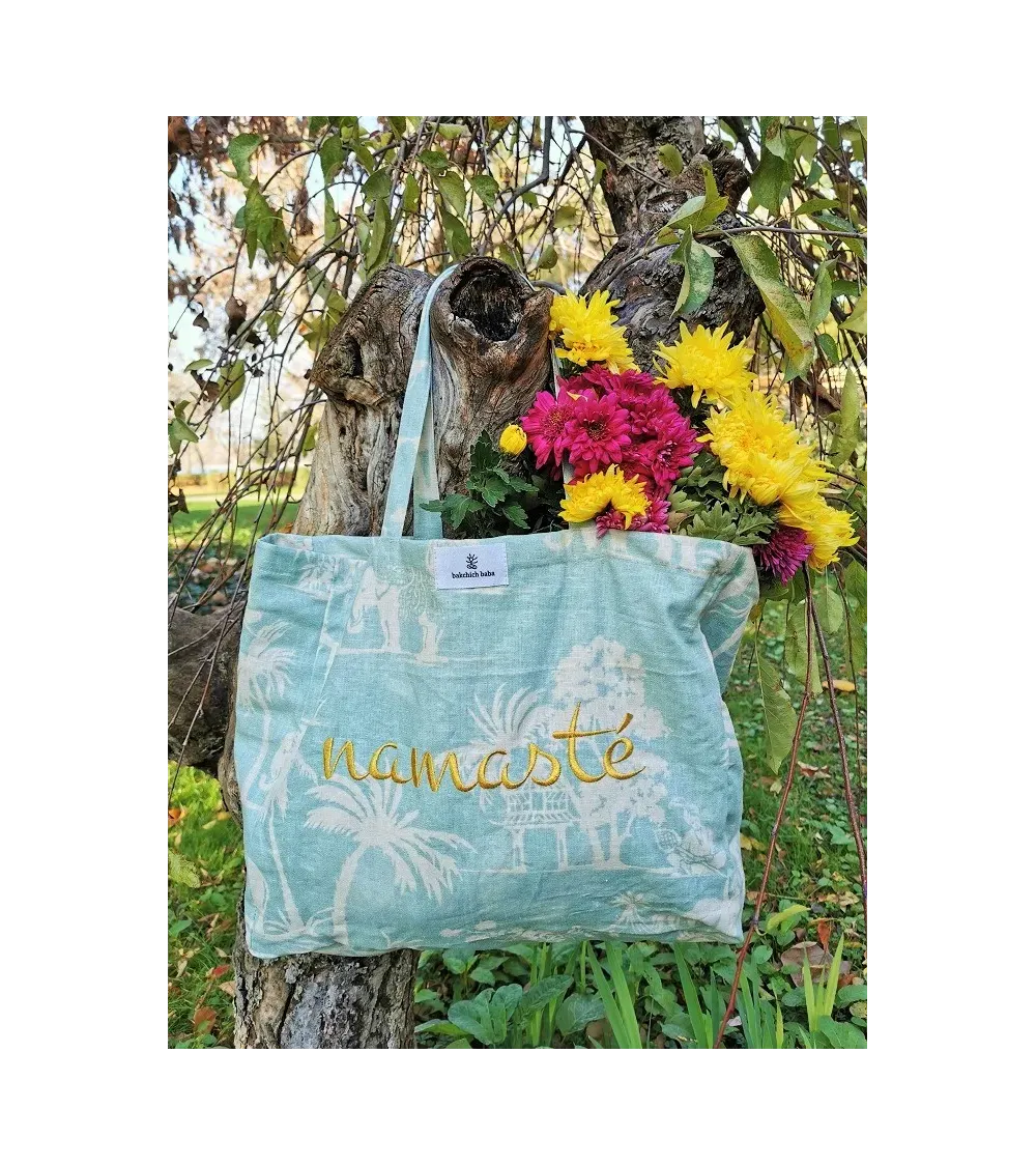 Large linen tote bag with Namasté embroidery.
