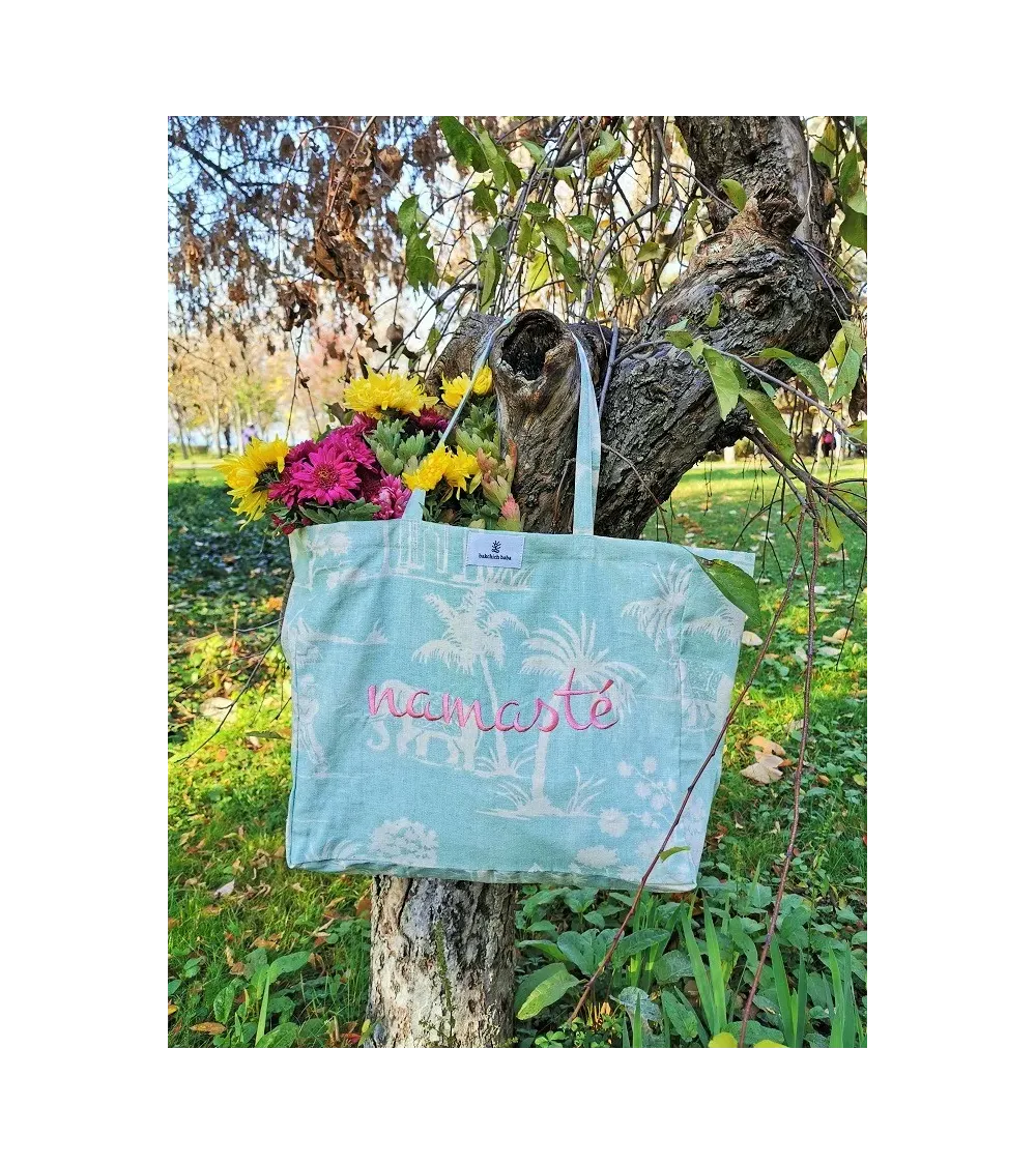 Large linen tote bag with Namasté embroidery.