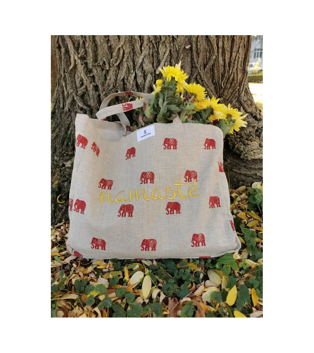 Large linen tote bag with Namasté embroidery.
