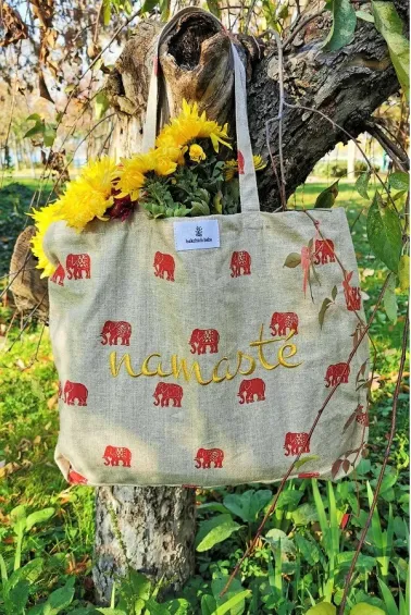 Large linen tote bag with Namasté embroidery.